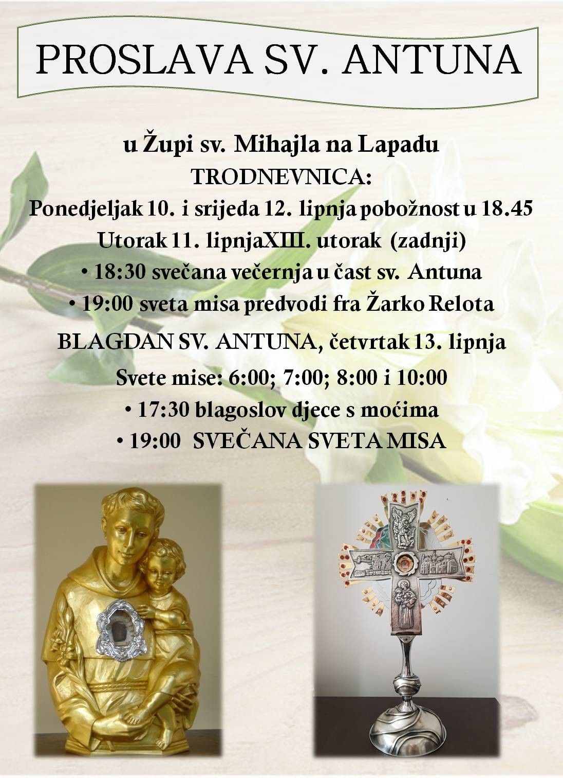 Donosimo program proslave blagdana sv. Antuna u Župi sv. Mihajla
